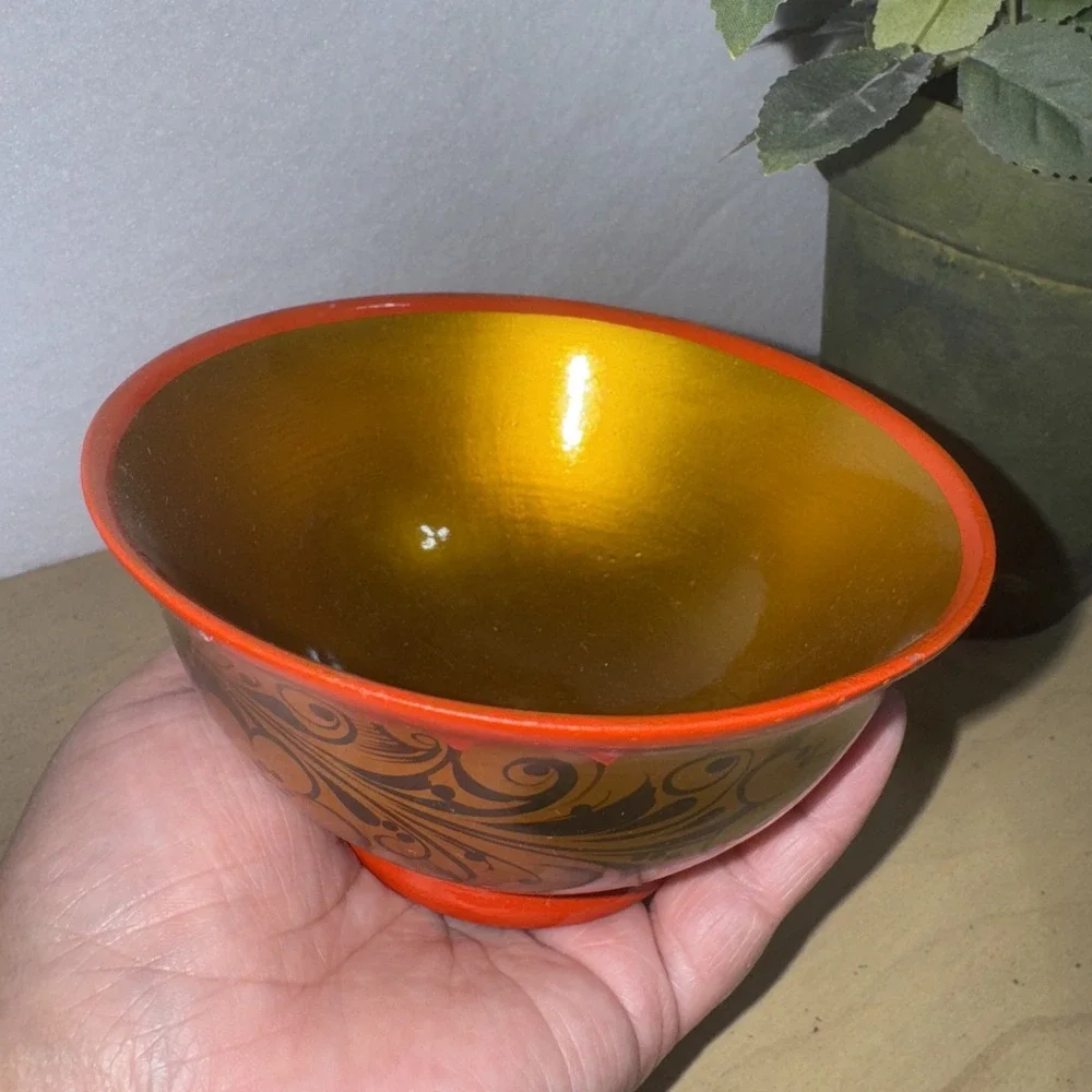3 Vintage Russian Khokhloma Hand-Painted Black Red & Gold Lacquered Wooden Bowls